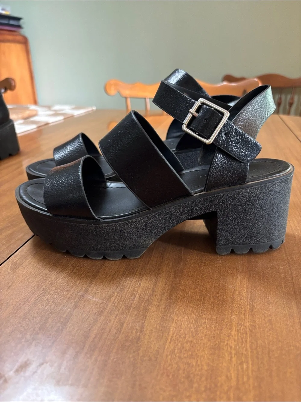 Soda Black Chunky Platform Strappy Sandals with Buckle